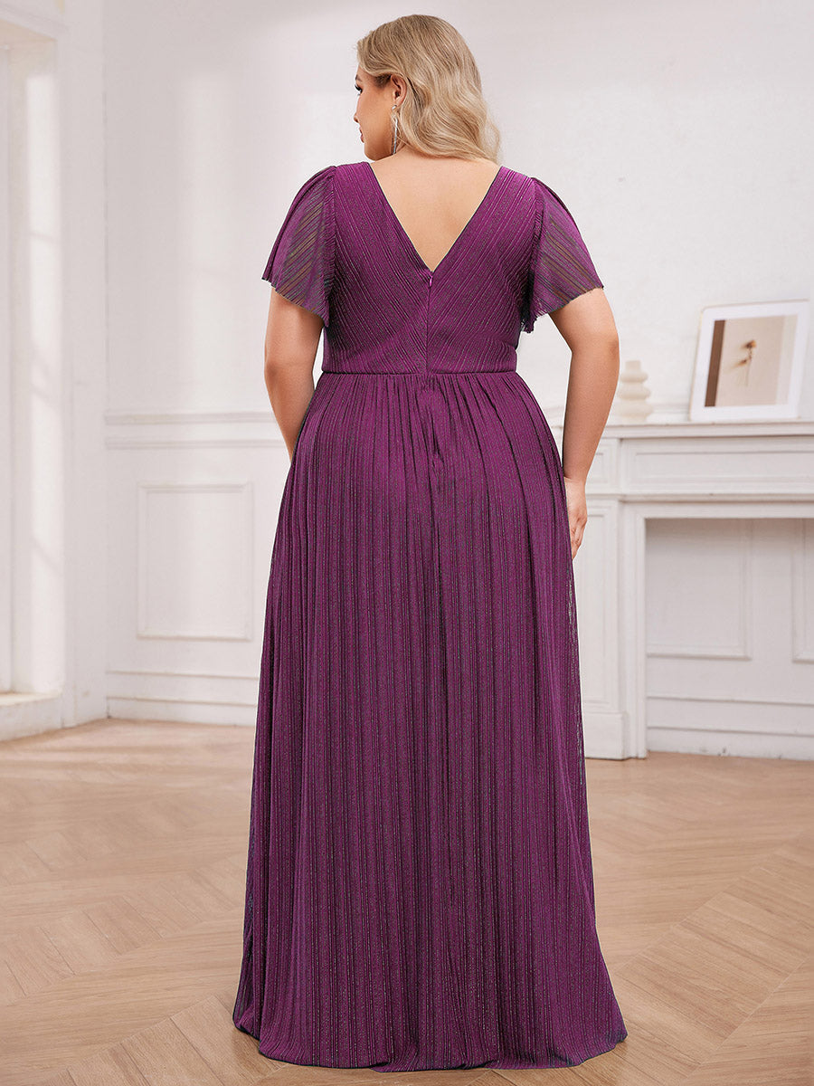 Color=Purple Wisteria | Plus Size Elegant See-Through Deep V Neck Floor Length Short Ruffles Sleeves Sequin Evening Dresses -Purple Wisteria 12