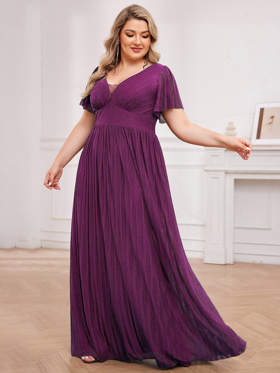 Color=Purple Wisteria | Plus Size Elegant See-Through Deep V Neck Floor Length Short Ruffles Sleeves Sequin Evening Dresses -Purple Wisteria 13