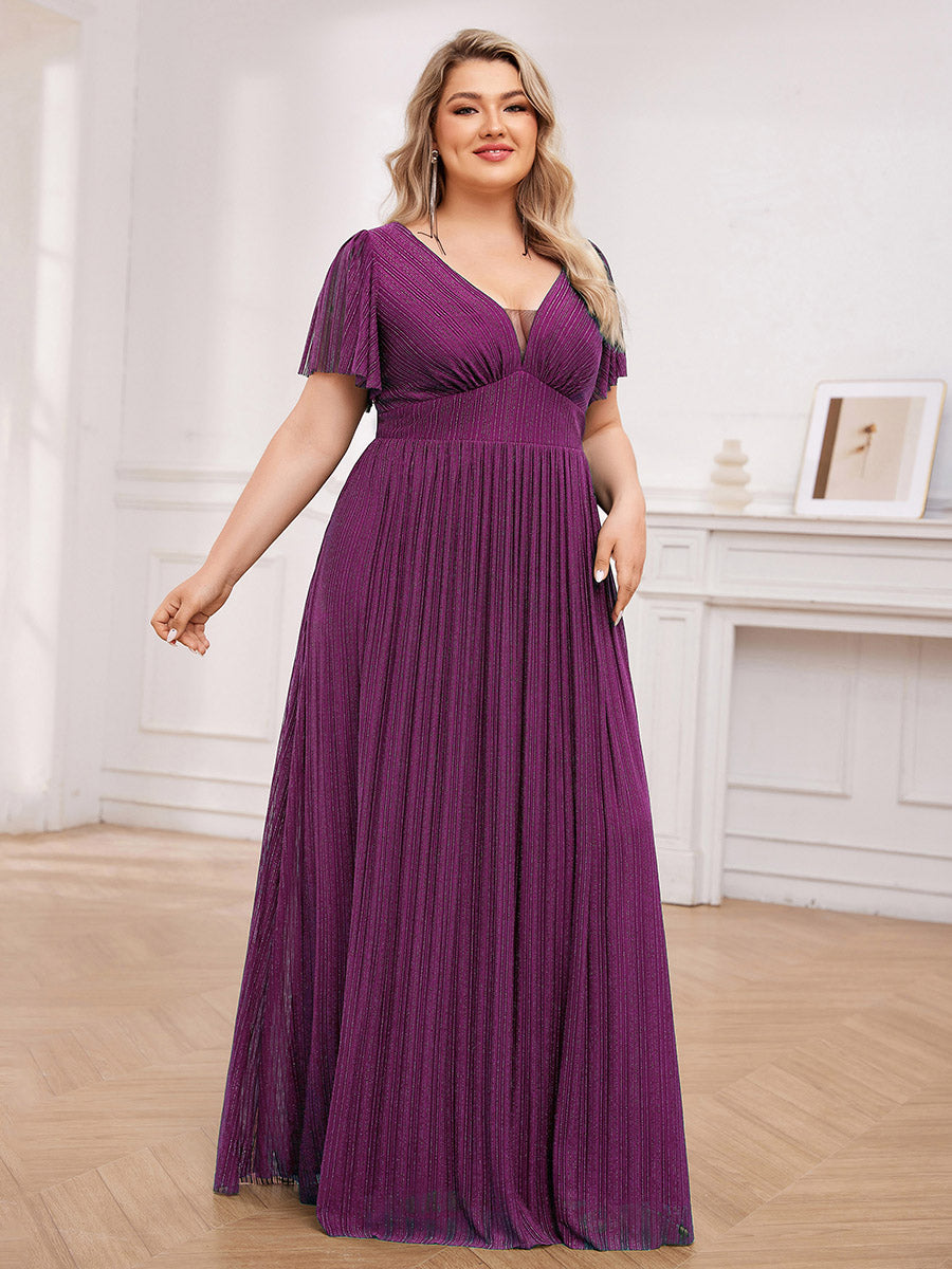 Color=Purple Wisteria | Plus Size Elegant See-Through Deep V Neck Floor Length Short Ruffles Sleeves Sequin Evening Dresses -Purple Wisteria 14