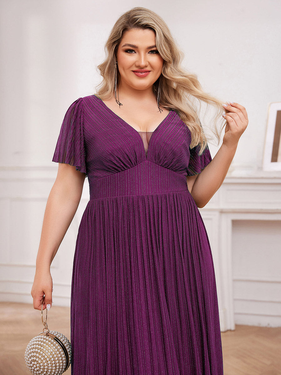 Color=Purple Wisteria | Plus Size Elegant See-Through Deep V Neck Floor Length Short Ruffles Sleeves Sequin Evening Dresses -Purple Wisteria 15