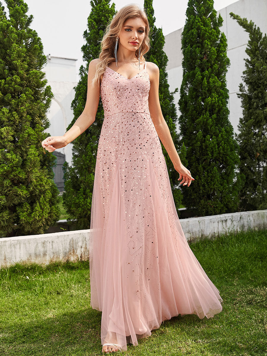 Color=Pink | Glittery Halter Neck Pleated Formal Wholesale Evening Dress-Pink 10