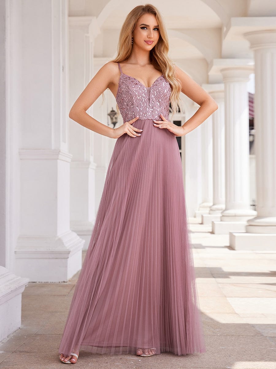 Sequin See Through V-Neck Sleeveless WholesaleTulle Evening Dress Sequin See Through V-Neck Sleeveless WholesaleTulle Evening Dress