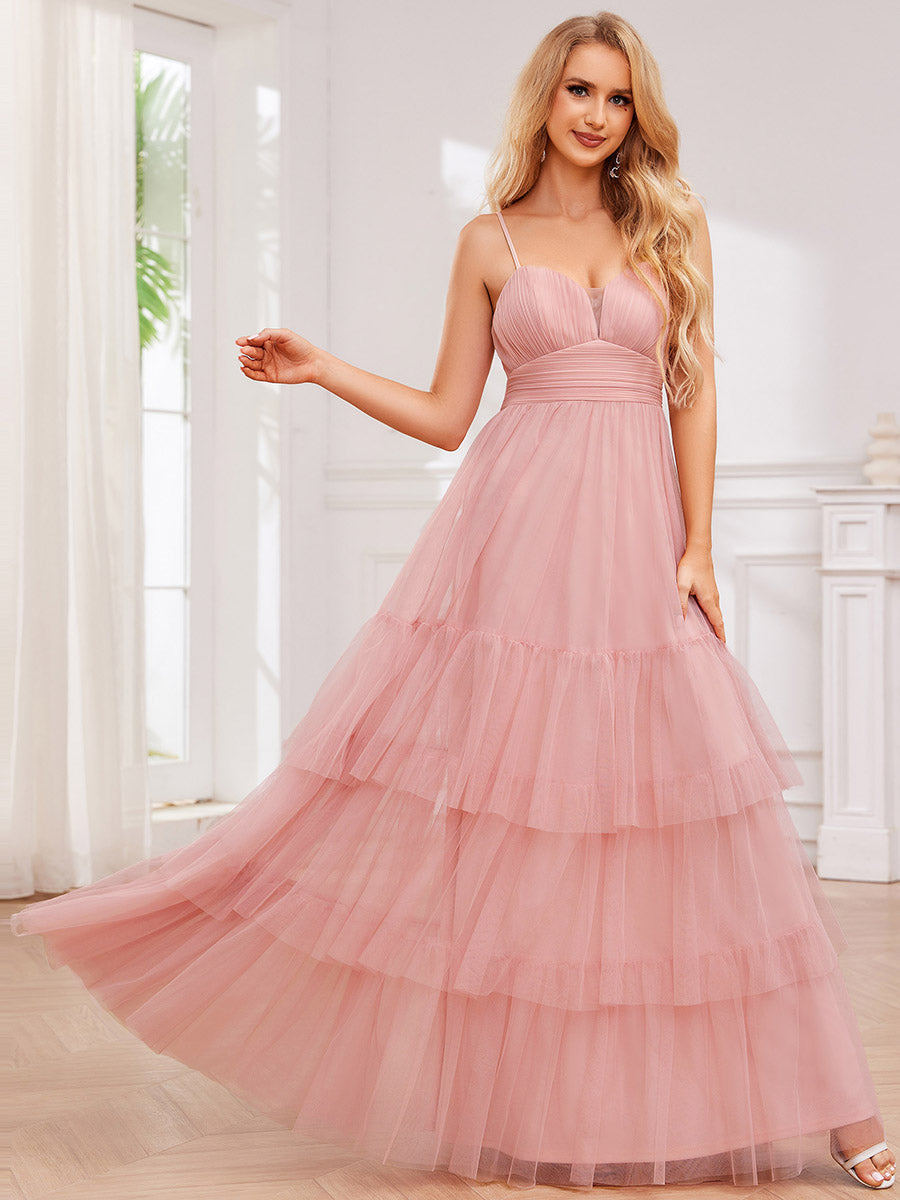 Color=Pink | Romantic Spaghetti Straps Sweetheart Neckline See-Through A-Line Layered Tulle Dress-Pink 2