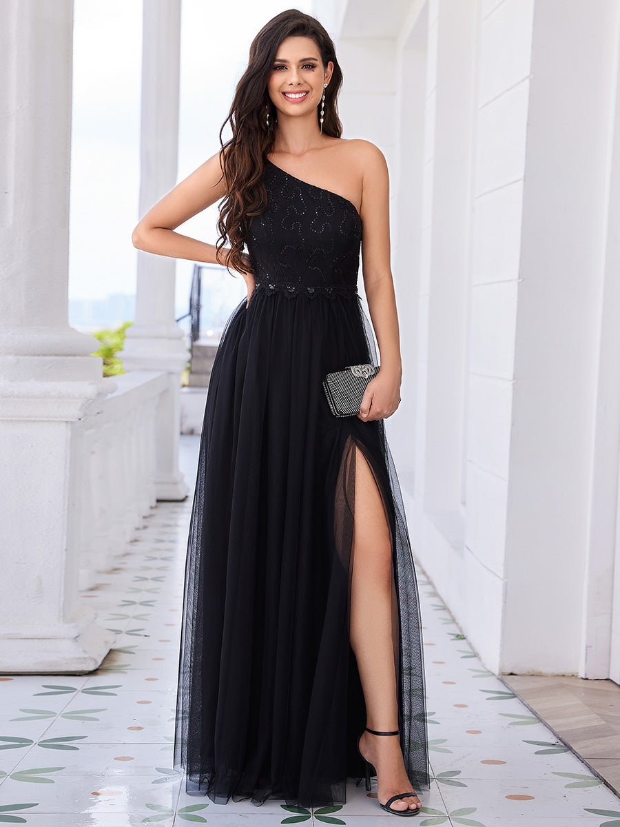 Romantic Asymmetric One Shoulder Side Split A-Line Tulle Dress with La