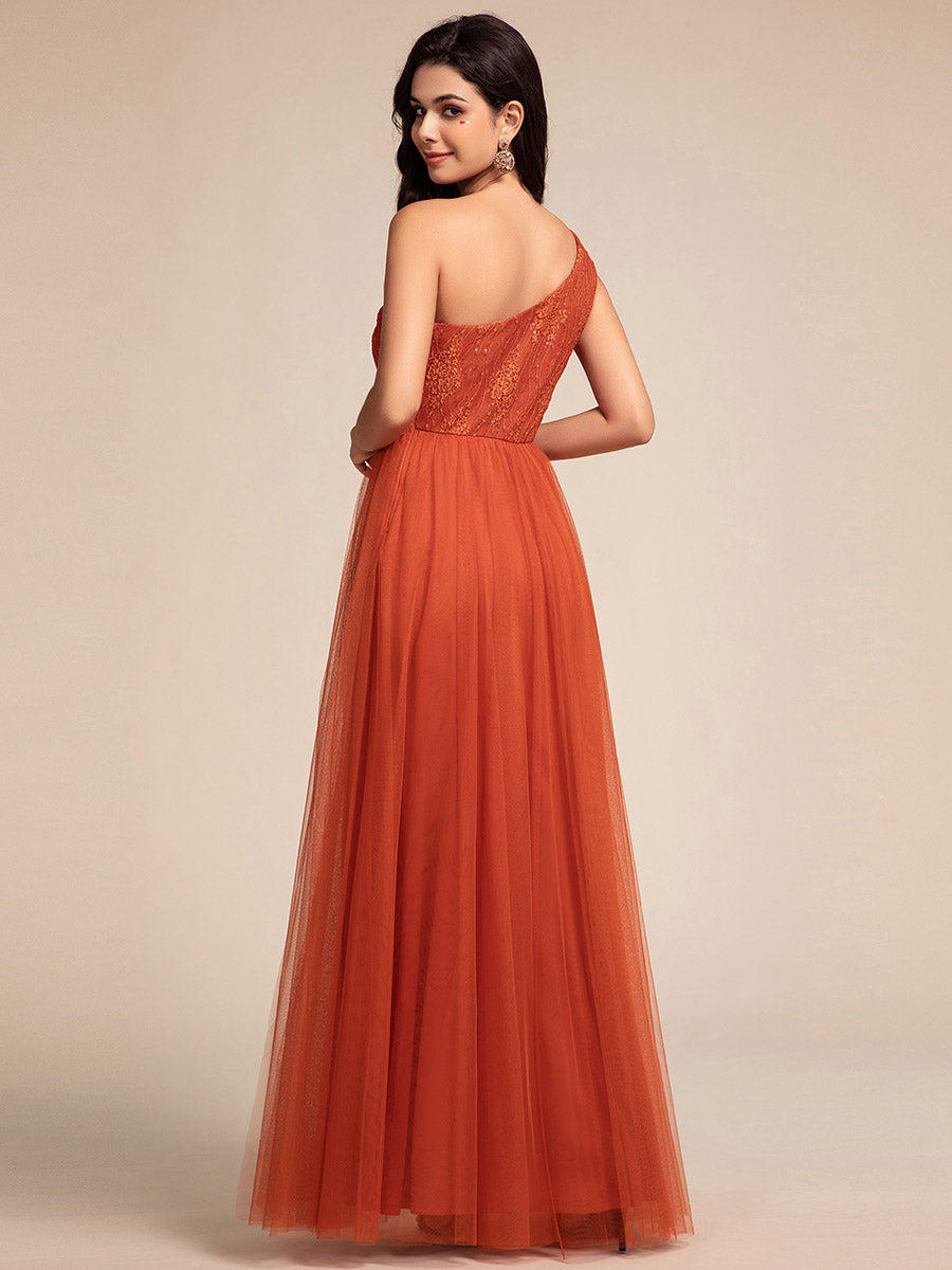 Color=Burnt Orange | Romantic Asymmetric One Shoulder Side Split A-Line Tulle Dress with Lace Sequin Empire Waist Evening Dress-Burnt Orange 7