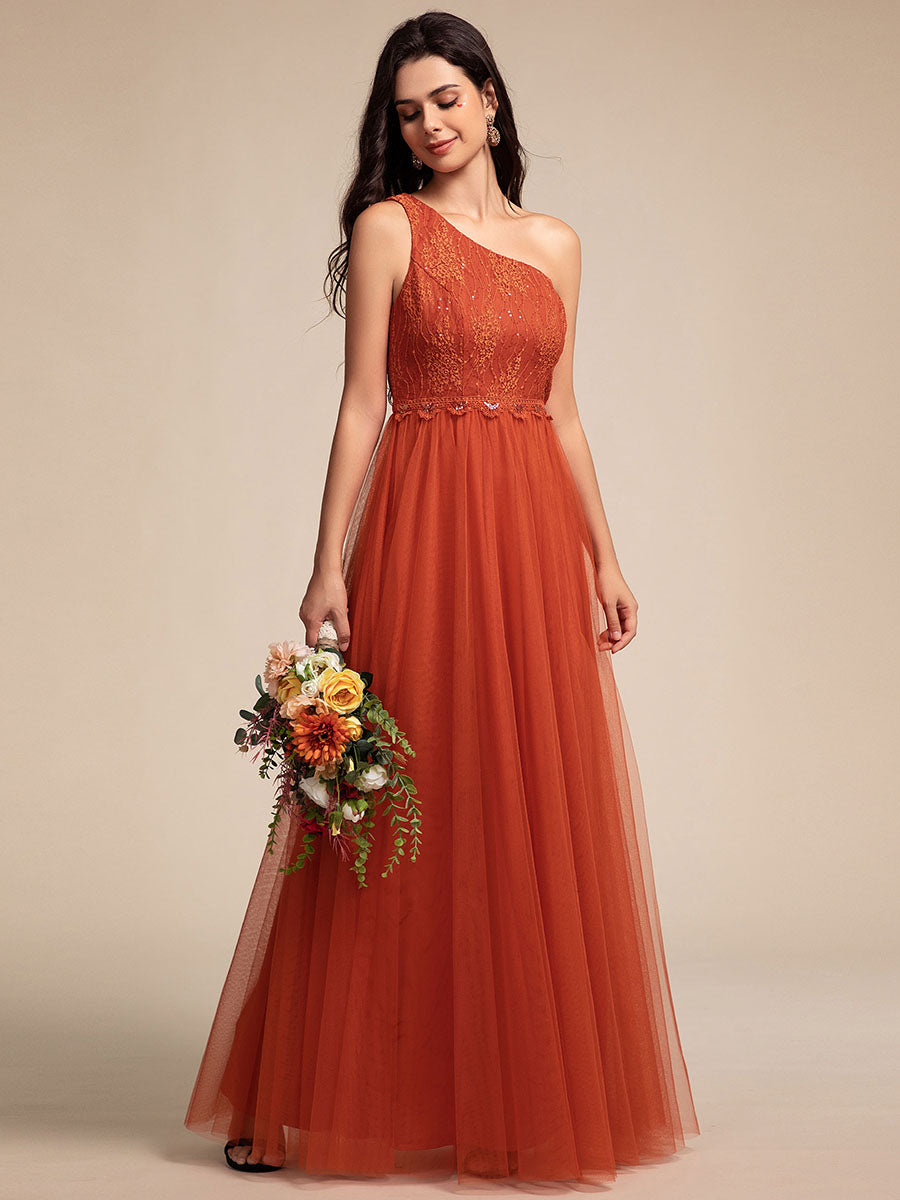 Color=Burnt Orange | Romantic Asymmetric One Shoulder Side Split A-Line Tulle Dress with Lace Sequin Empire Waist Evening Dress-Burnt Orange 8