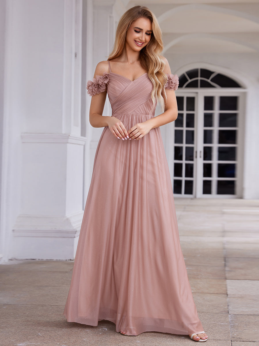 Color=Pink | One Stop Shop Glitter V-Neck Sleeveless A-Line Floor Length Evening Dresses-Pink 1