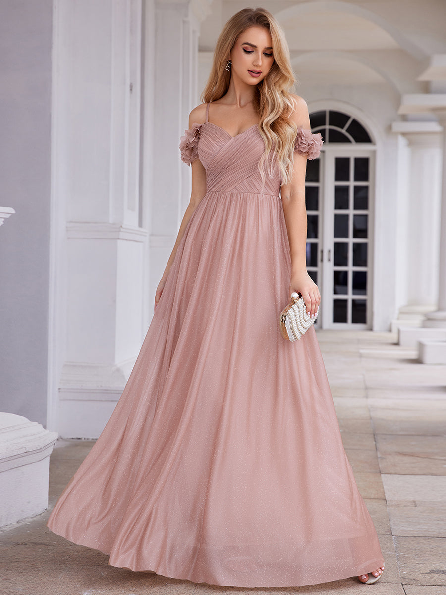 Color=Pink | One Stop Shop Glitter V-Neck Sleeveless A-Line Floor Length Evening Dresses-Pink 5