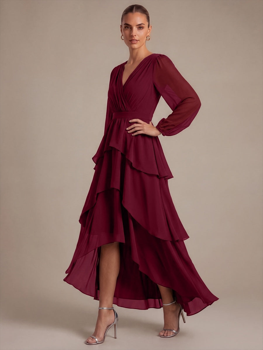 Color=Burgundy|Bulk Order Long Sleeve Chiffon A-Line Crossover Wedding Guest Dresses-Burgundy 3