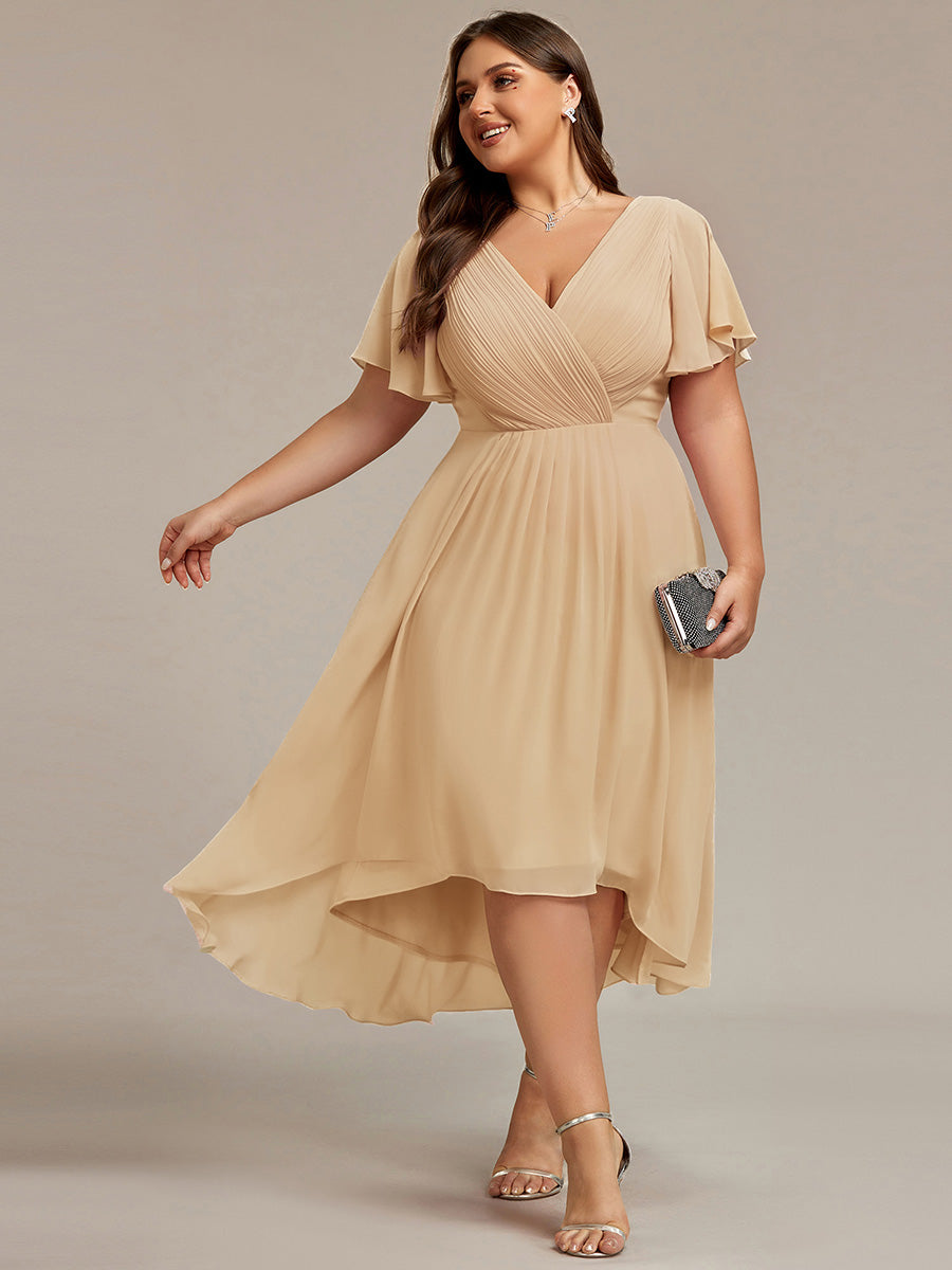 Color=Champagne | Fast Delivery Short Sleeve Ruffle V-Neck Pleated A-Line High-Low Wedding Guest Dresses-Champagne 6