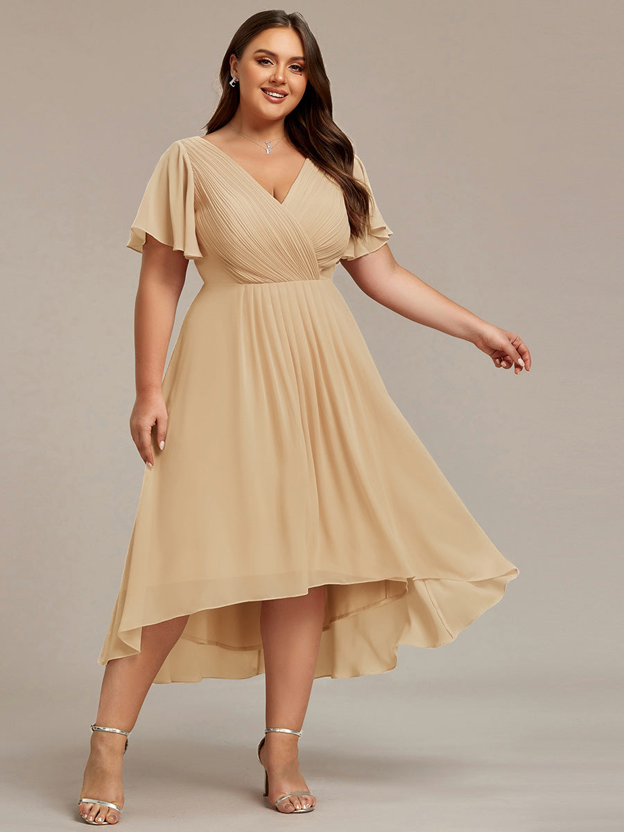 Color=Champagne | Fast Delivery Short Sleeve Ruffle V-Neck Pleated A-Line High-Low Wedding Guest Dresses-Champagne 9