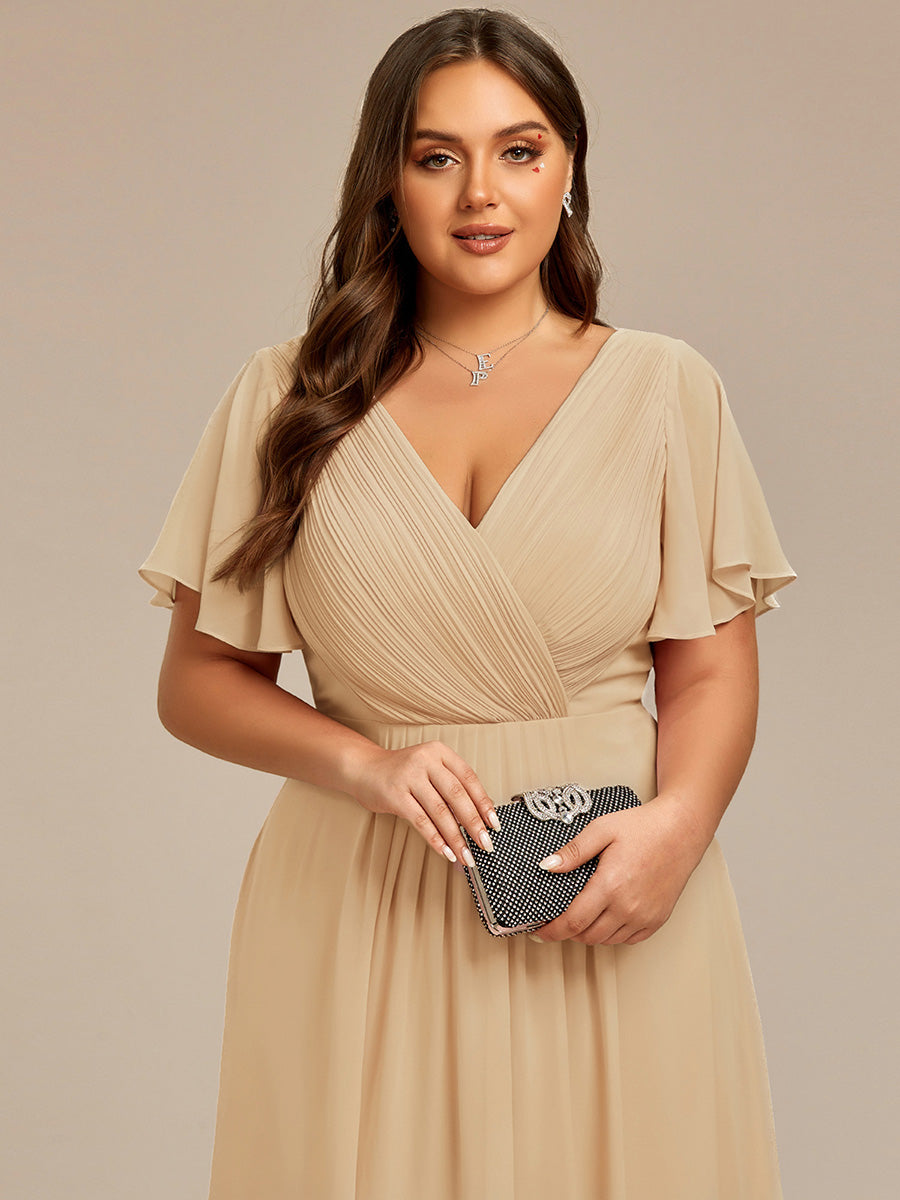 Color=Champagne | Fast Delivery Short Sleeve Ruffle V-Neck Pleated A-Line High-Low Wedding Guest Dresses-Champagne 8