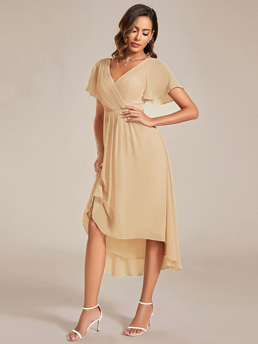 Color=Champagne | Fast Delivery Short Sleeve Ruffle V-Neck Pleated A-Line High-Low Wedding Guest Dresses-Champagne 4