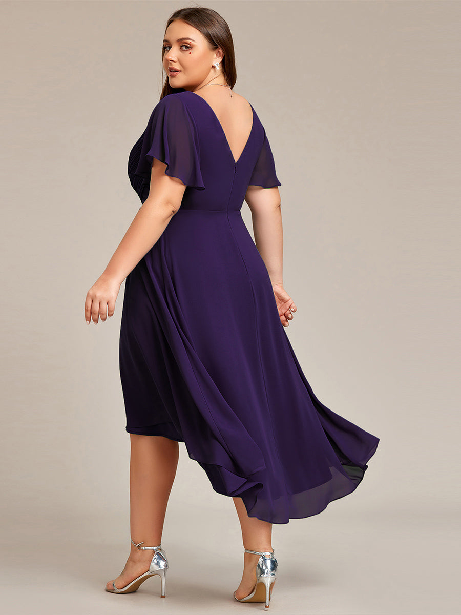 Color=Dark Purple | Wholesale Short Sleeve Ruffle V-Neck Pleated A-Line High-Low Wedding Guest Dresses-Dark Purple 2
