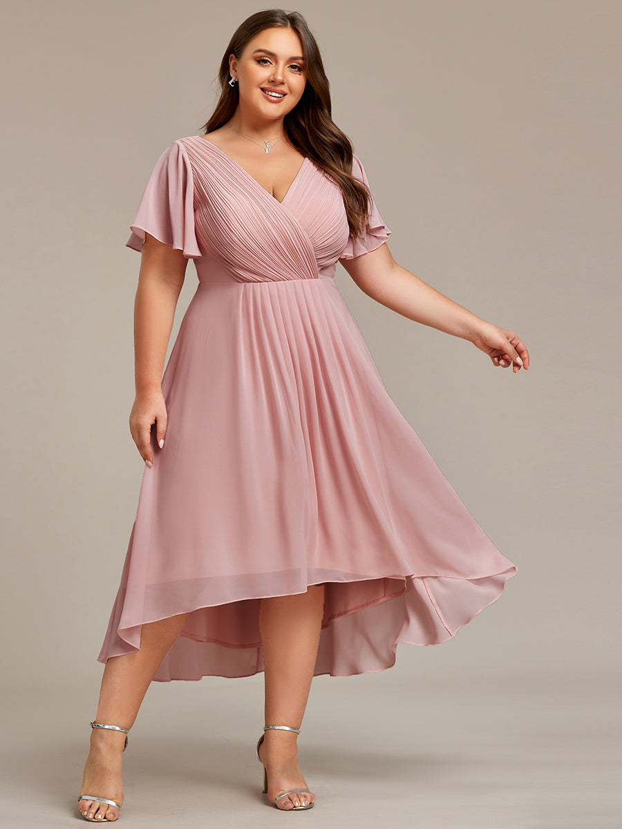 Color=Dusty Rose | Wholesale Short Sleeve Ruffle V-Neck Pleated A-Line High-Low Wedding Guest Dresses-Dusty Rose 14