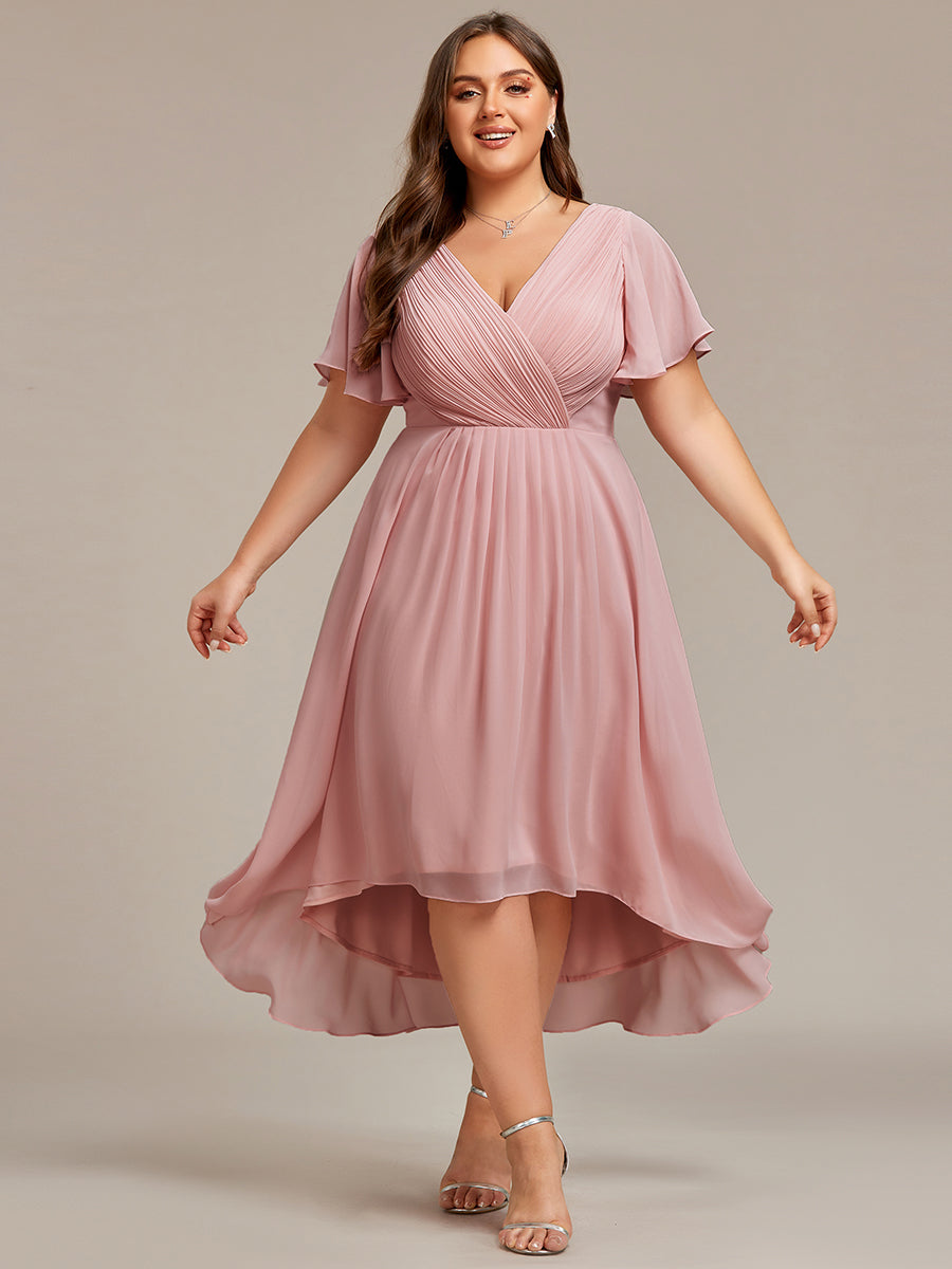 Color=Dusty Rose | Wholesale Short Sleeve Ruffle V-Neck Pleated A-Line High-Low Wedding Guest Dresses-Dusty Rose 15