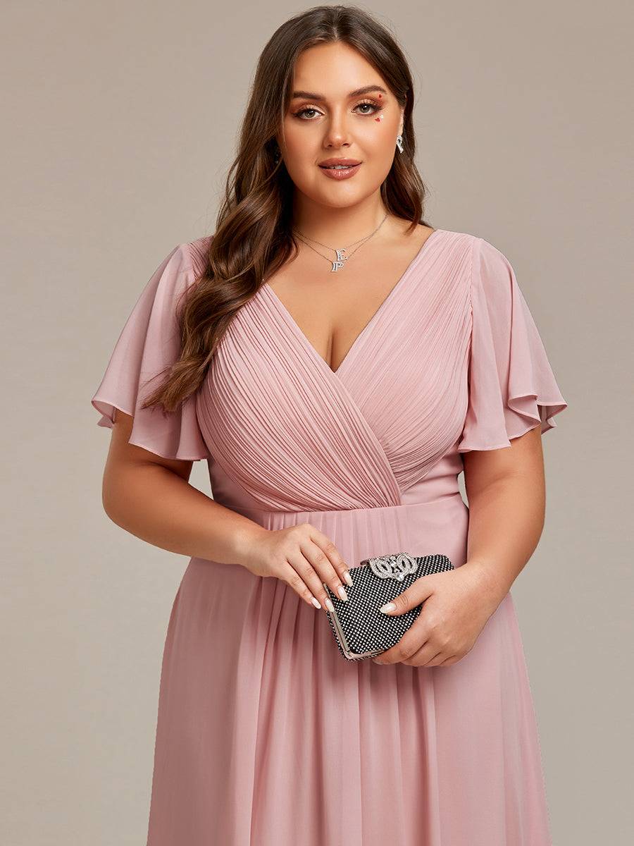 Color=Dusty Rose | Wholesale Short Sleeve Ruffle V-Neck Pleated A-Line High-Low Wedding Guest Dresses-Dusty Rose 13