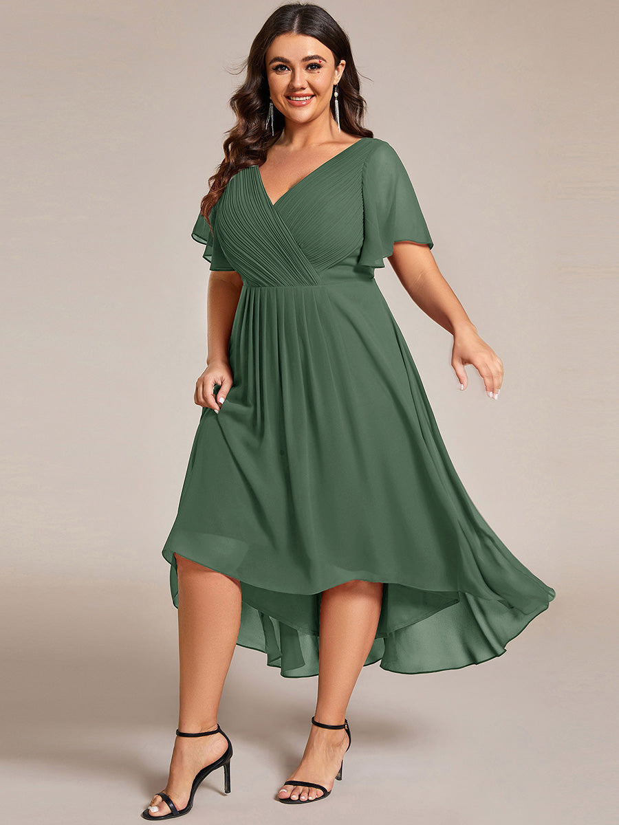 Color=Eucalyptus | Fast Delivery Short Sleeve Ruffle V-Neck Pleated A-Line High-Low Wedding Guest Dresses-Eucalyptus 19