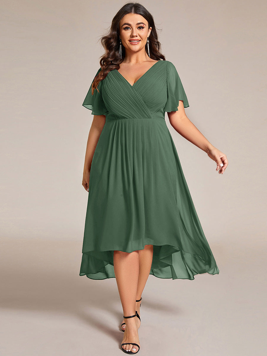 Color=Eucalyptus | Fast Delivery Short Sleeve Ruffle V-Neck Pleated A-Line High-Low Wedding Guest Dresses-Eucalyptus 20