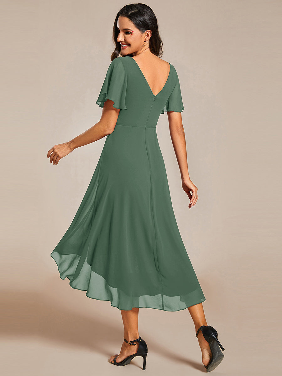 Color=Eucalyptus | Fast Delivery Short Sleeve Ruffle V-Neck Pleated A-Line High-Low Wedding Guest Dresses-Eucalyptus 12