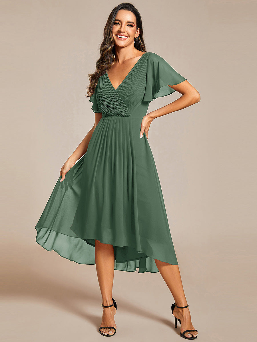 Color=Eucalyptus | Fast Delivery Short Sleeve Ruffle V-Neck Pleated A-Line High-Low Wedding Guest Dresses-Eucalyptus 15