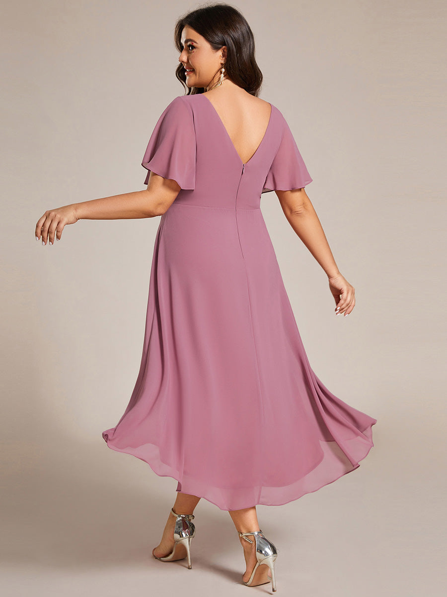 Color=Purple Orchid | Fast Delivery Short Sleeve Ruffle V-Neck Pleated A-Line High-Low Wedding Guest Dresses-Purple Orchid 27