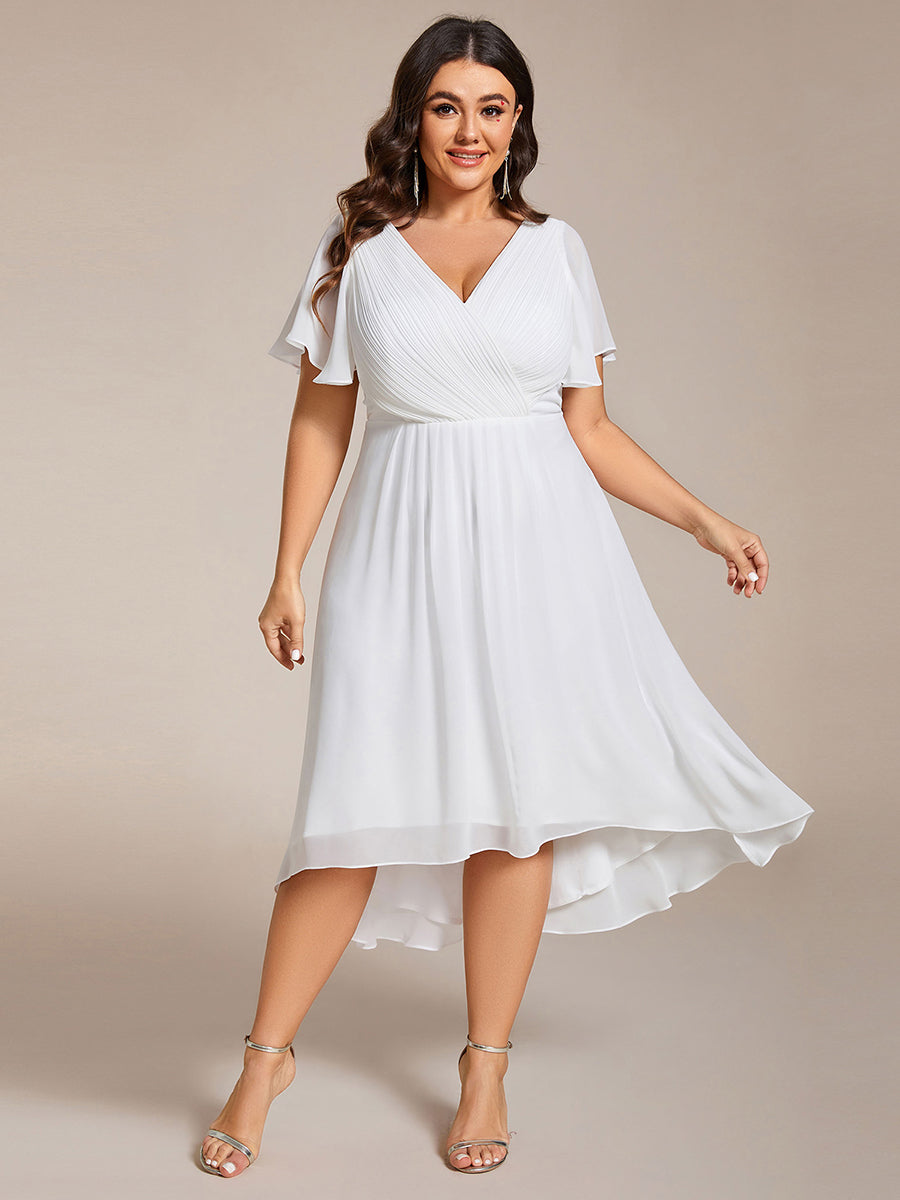 Color=White | B2B-Exclusive Short Sleeve Ruffle V-Neck Pleated A-Line High-Low Wedding Guest Dresses-White 11