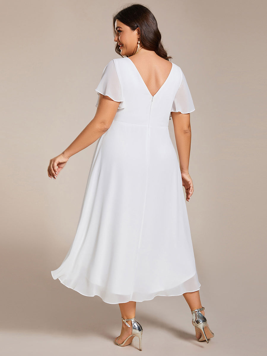 Color=White | B2B-Exclusive Short Sleeve Ruffle V-Neck Pleated A-Line High-Low Wedding Guest Dresses-White 12
