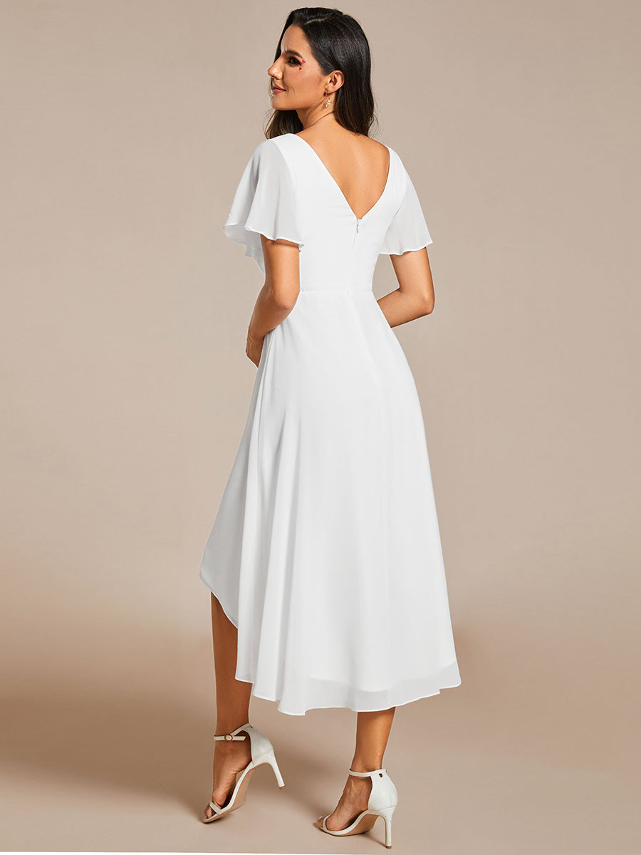 Color=White | B2B-Exclusive Short Sleeve Ruffle V-Neck Pleated A-Line High-Low Wedding Guest Dresses-White 7