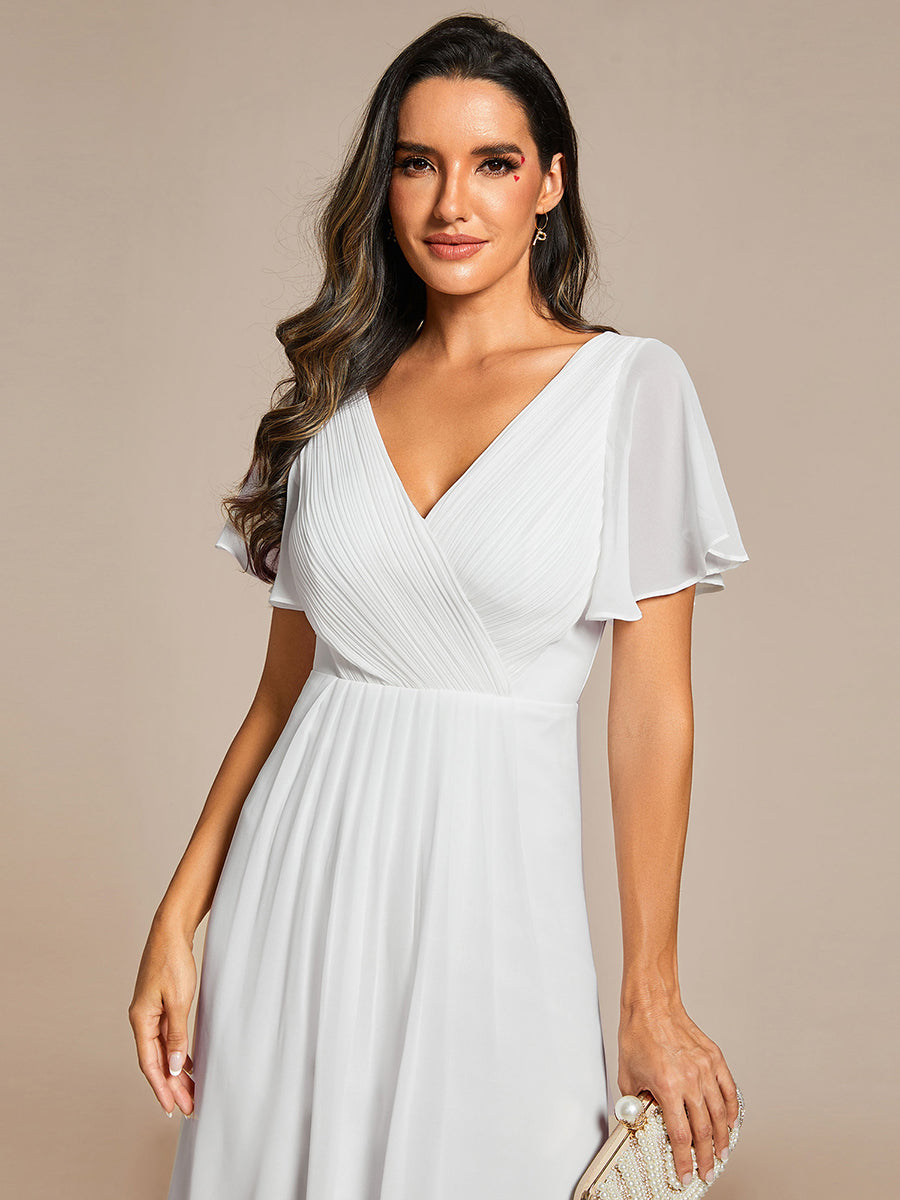 Color=White | B2B-Exclusive Short Sleeve Ruffle V-Neck Pleated A-Line High-Low Wedding Guest Dresses-White 8