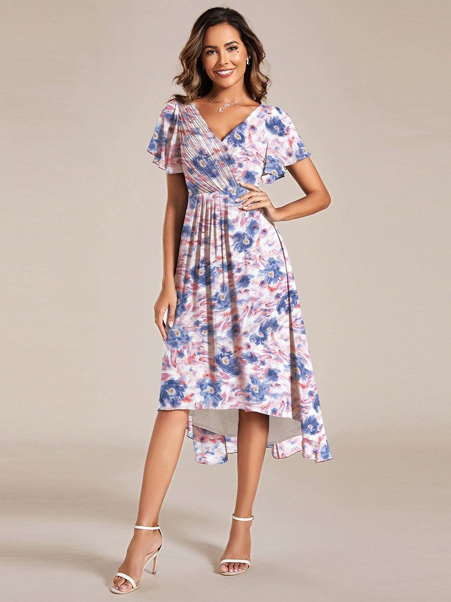 ever FAYE|Floral V Neck High-Low Short Sleeve Wedding Guest Dress #color_Azure Bream