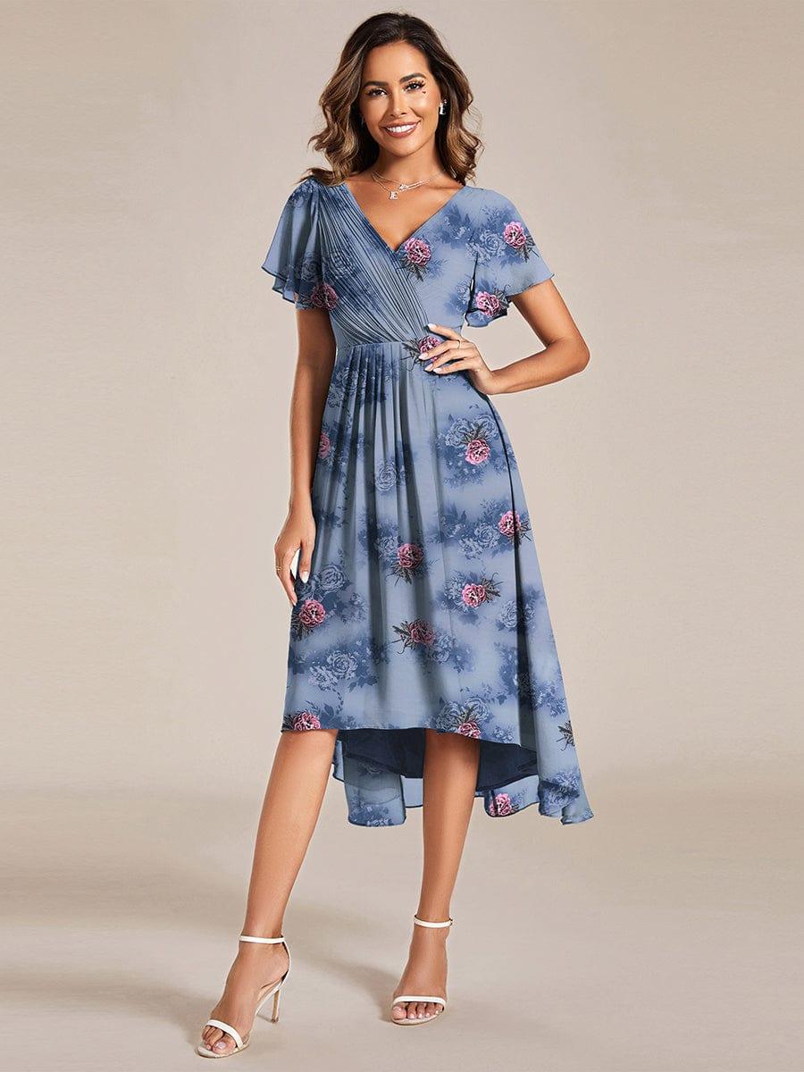 ever FAYE|Floral V Neck High-Low Short Sleeve Wedding Guest Dress #color_Dusty Peony