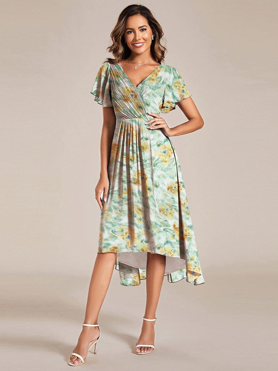 ever FAYE|Floral V Neck High-Low Short Sleeve Wedding Guest Dress #color_Sunlit Fern