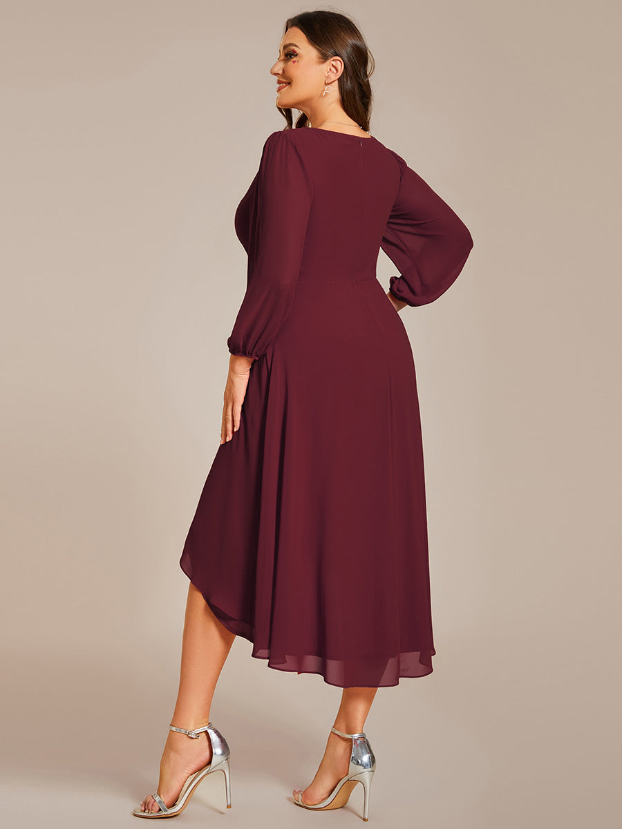 Color=Burgundy | Bulk Order Long Sleeve Asymmetrical Hem Deep V-Neck Non-Stretch Wedding Guest Dresses-Burgundy 7