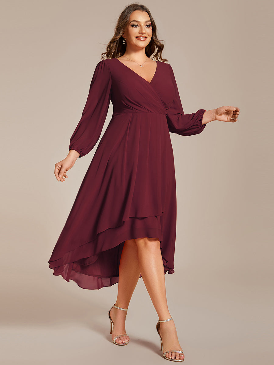 Color=Burgundy | Bulk Order Long Sleeve Asymmetrical Hem Deep V-Neck Non-Stretch Wedding Guest Dresses-Burgundy 9