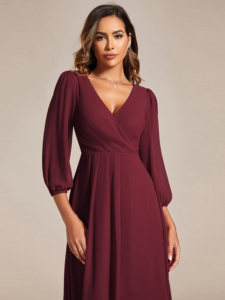 Color=Burgundy | Bulk Order Long Sleeve Asymmetrical Hem Deep V-Neck Non-Stretch Wedding Guest Dresses-Burgundy 3