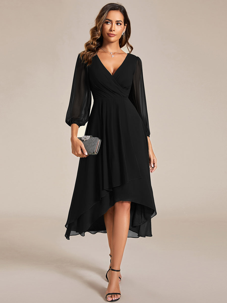 Color=Black | Bulk Order Long Sleeve Asymmetrical Hem Deep V-Neck Non-Stretch Wedding Guest Dresses-Black 11