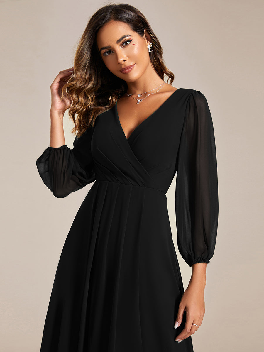 Color=Black | Bulk Order Long Sleeve Asymmetrical Hem Deep V-Neck Non-Stretch Wedding Guest Dresses-Black 13