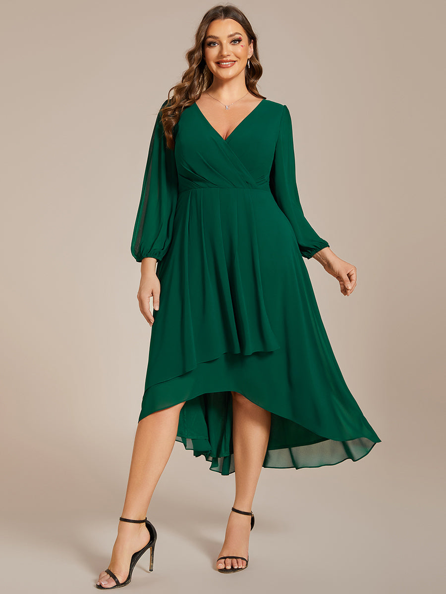 Color=Dark Green | Bulk Order Long Sleeve Asymmetrical Hem Deep V-Neck Non-Stretch Wedding Guest Dresses-Dark Green 26