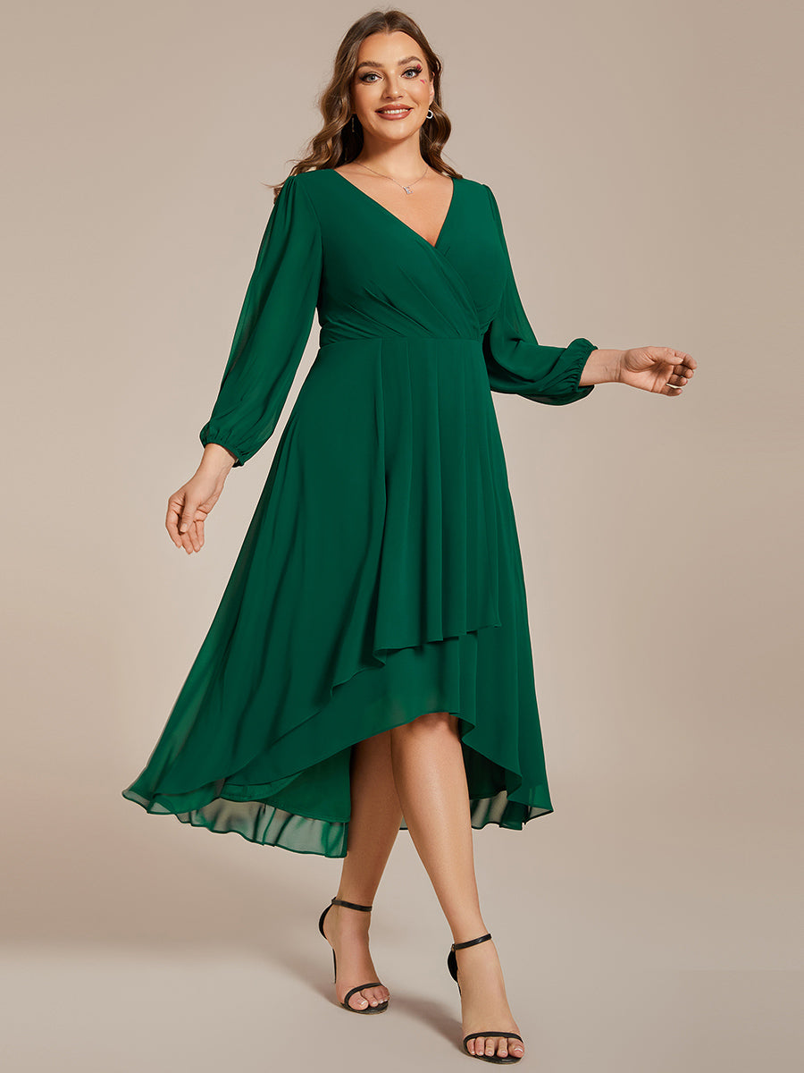 Color=Dark Green | Bulk Order Long Sleeve Asymmetrical Hem Deep V-Neck Non-Stretch Wedding Guest Dresses-Dark Green 29