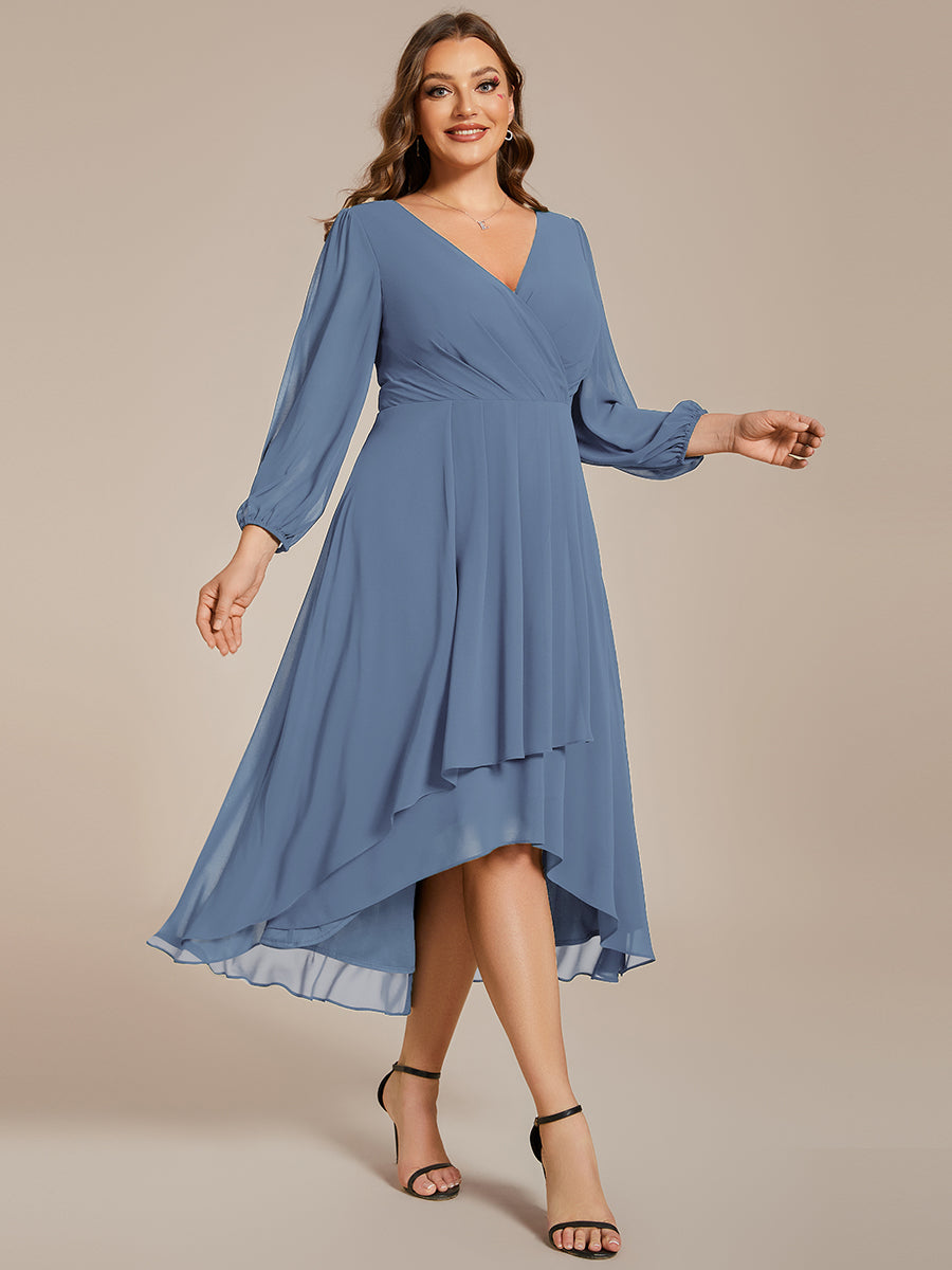 Color=Dusty Blue | Bulk Order Long Sleeve Asymmetrical Hem Deep V-Neck Non-Stretch Wedding Guest Dresses-Dusty Blue 39