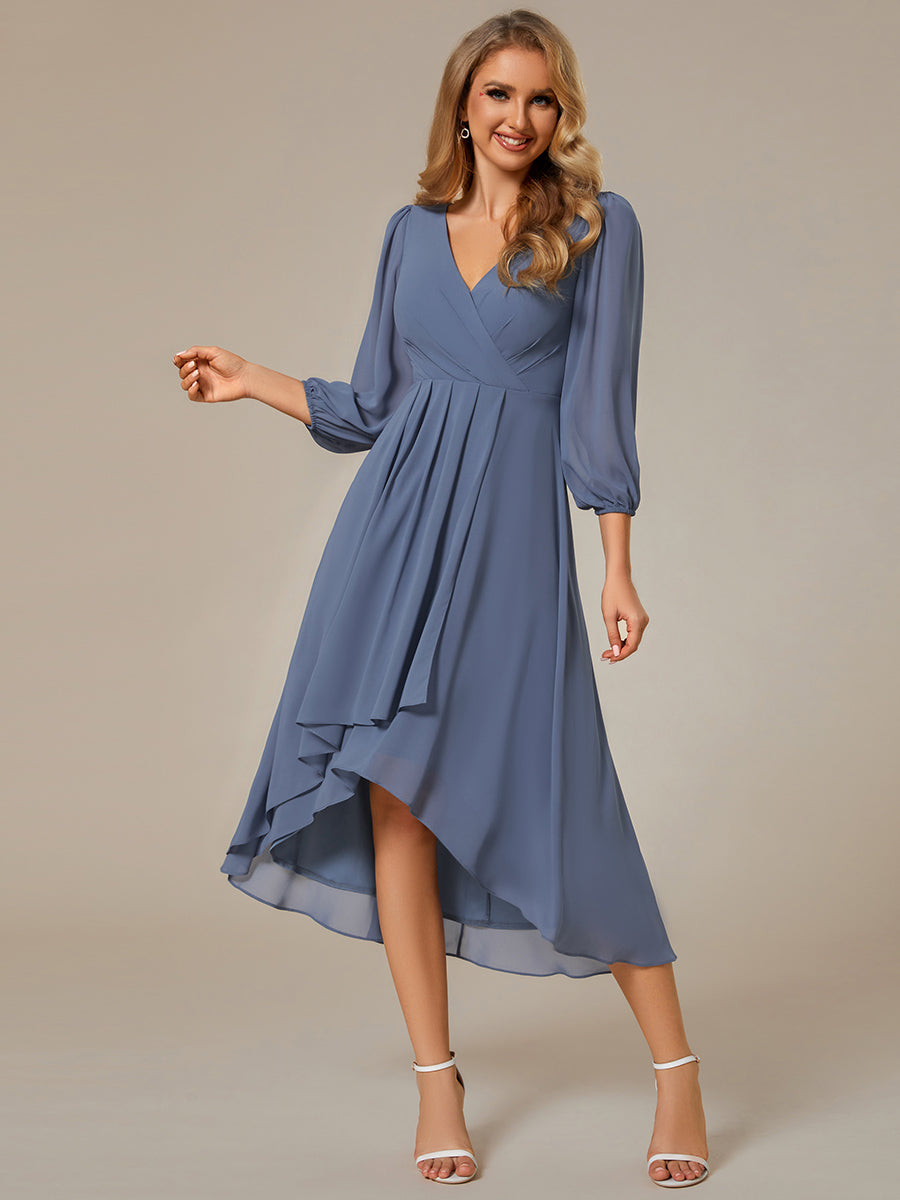 Color=Dusty Blue | Bulk Order Long Sleeve Asymmetrical Hem Deep V-Neck Non-Stretch Wedding Guest Dresses-Dusty Blue 31