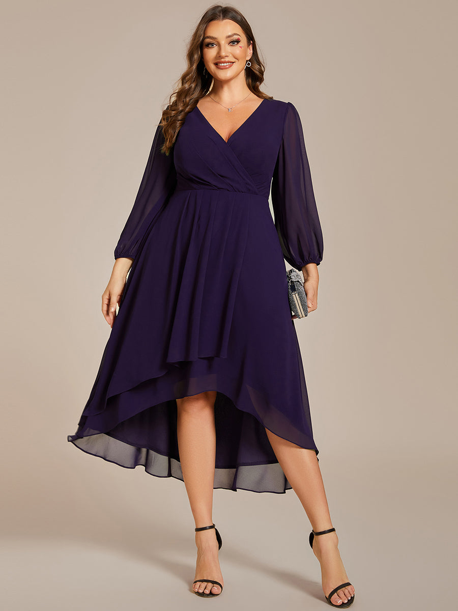 Color=Dark Purple | Bulk Order Long Sleeve Asymmetrical Hem Deep V-Neck Non-Stretch Wedding Guest Dresses-Dark Purple 46
