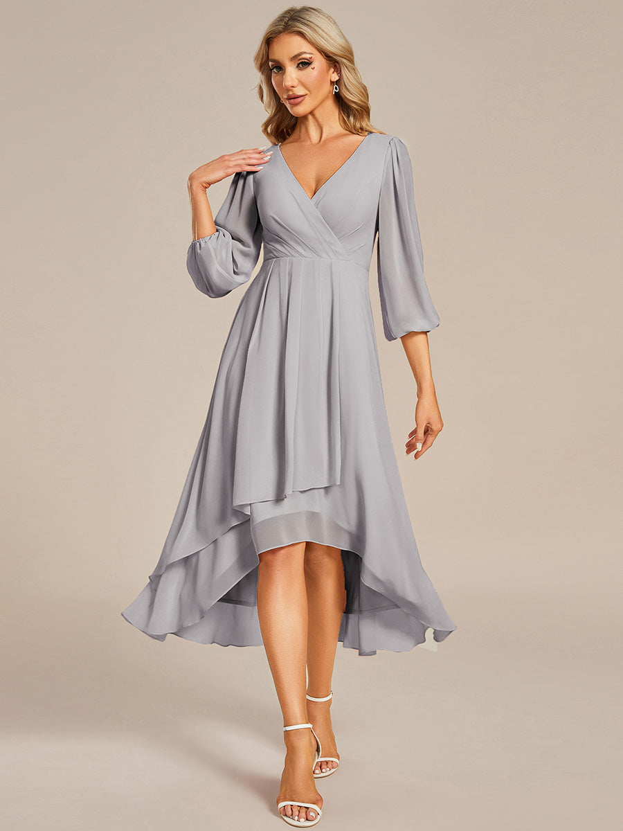 Color=Grey | Bulk Order Long Sleeve Asymmetrical Hem Deep V-Neck Non-Stretch Wedding Guest Dresses-Grey 1