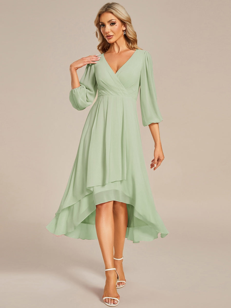Color=Mint Green | Bulk Order Long Sleeve Asymmetrical Hem Deep V-Neck Non-Stretch Wedding Guest Dresses - Mint Green 1