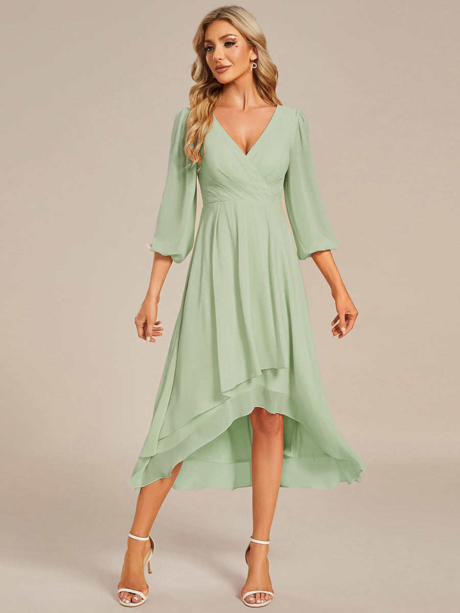 Color=Mint Green | Bulk Order Long Sleeve Asymmetrical Hem Deep V-Neck Non-Stretch Wedding Guest Dresses - Mint Green 3