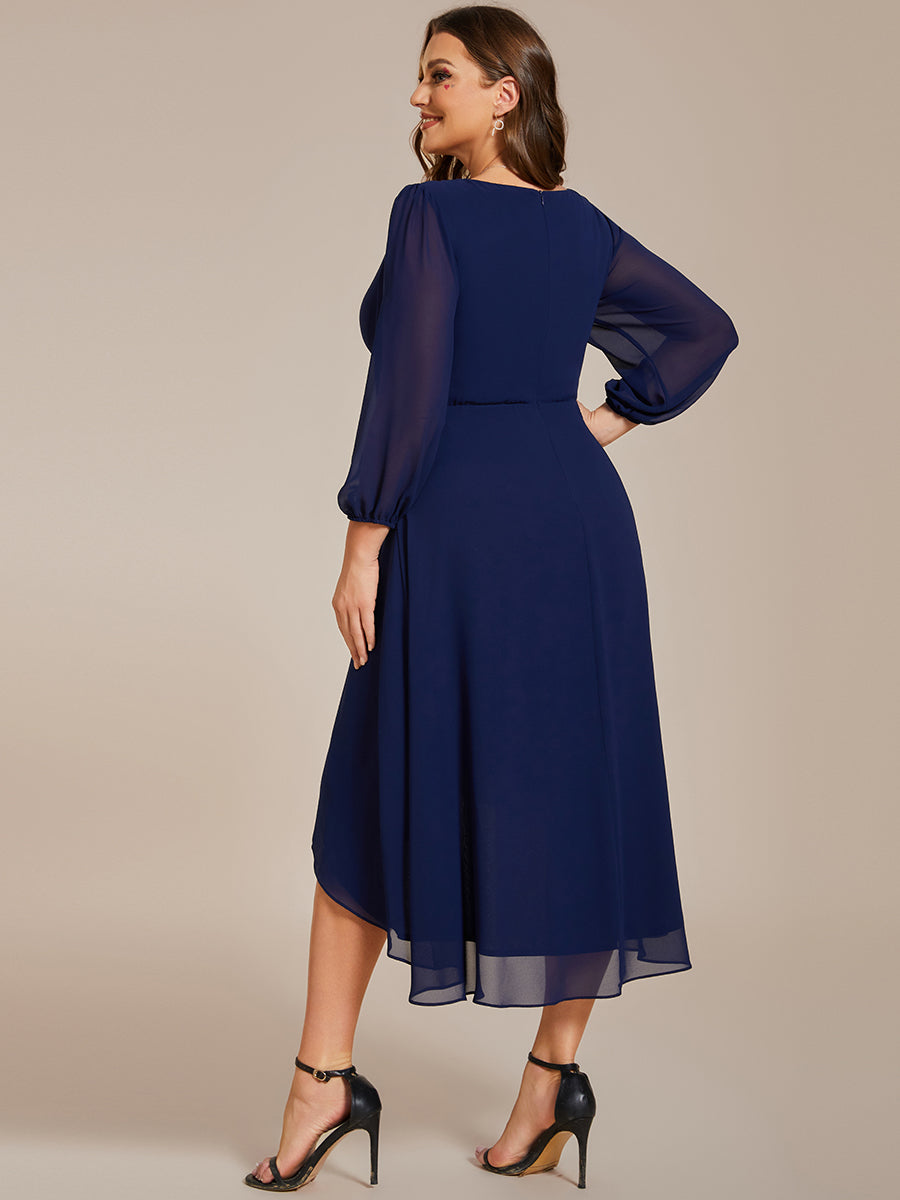 Color=Navy Blue | Bulk Order Long Sleeve Asymmetrical Hem Deep V-Neck Non-Stretch Wedding Guest Dresses-Navy Blue 57