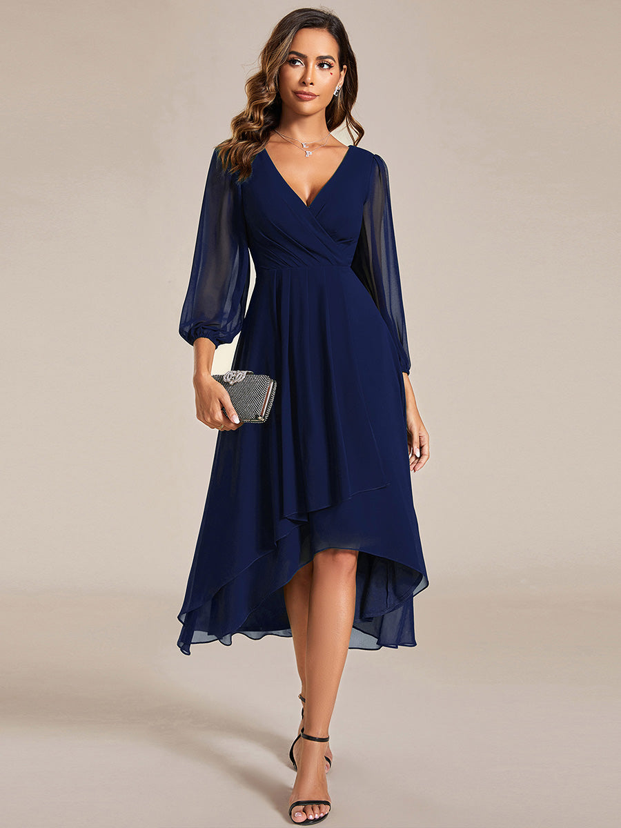 Color=Navy Blue | Bulk Order Long Sleeve Asymmetrical Hem Deep V-Neck Non-Stretch Wedding Guest Dresses-Navy Blue 51