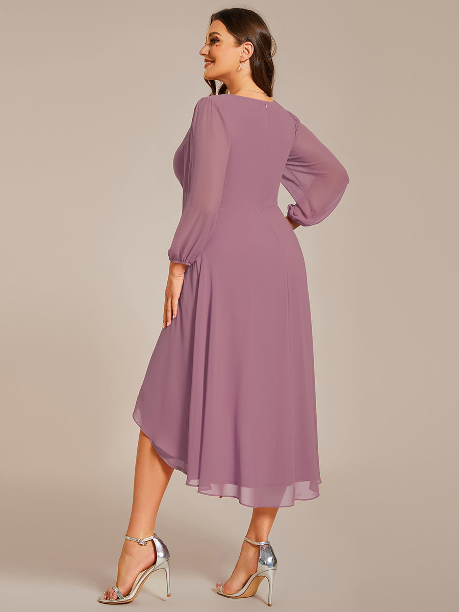 Color=Purple Orchid | Bulk Order Long Sleeve Asymmetrical Hem Deep V-Neck Non-Stretch Wedding Guest Dresses-Purple Orchid 67