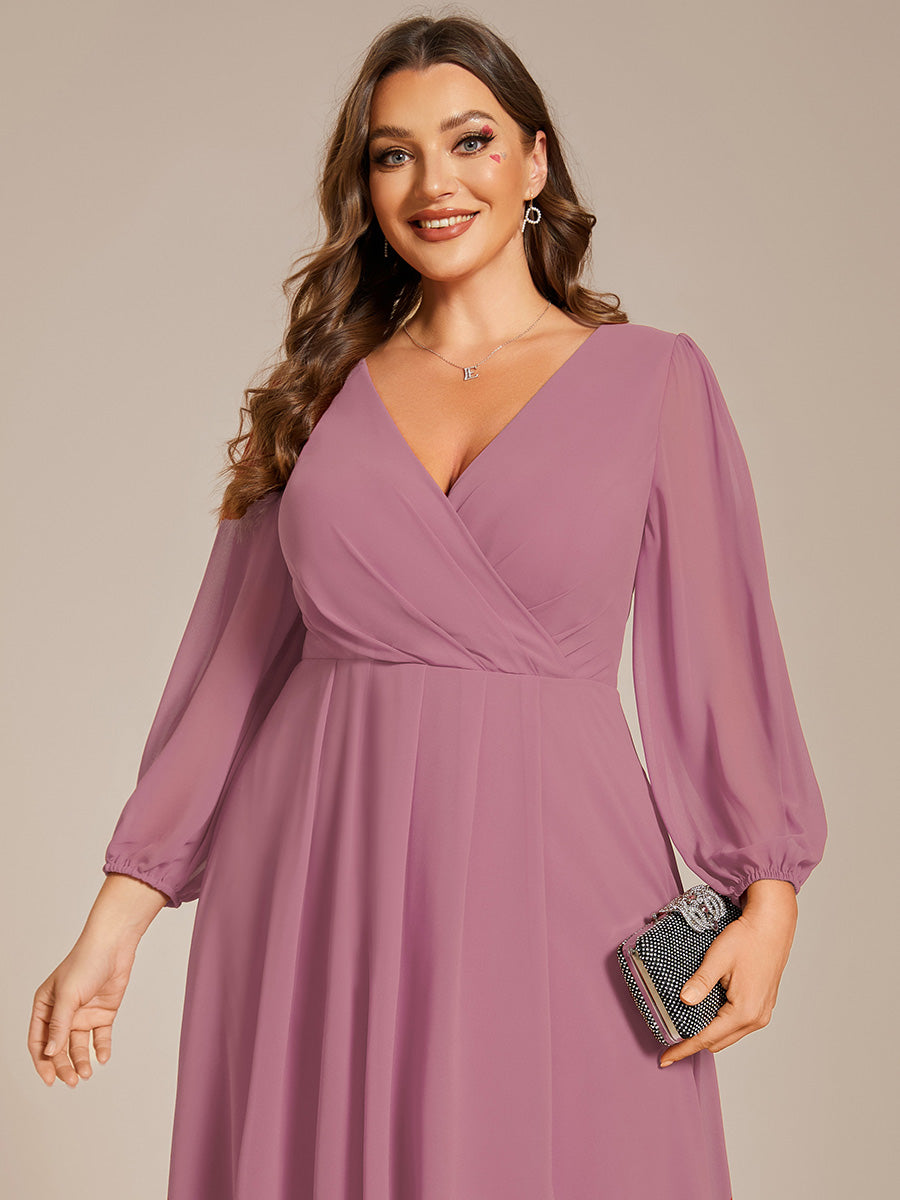 Color=Purple Orchid | Bulk Order Long Sleeve Asymmetrical Hem Deep V-Neck Non-Stretch Wedding Guest Dresses-Purple Orchid 68